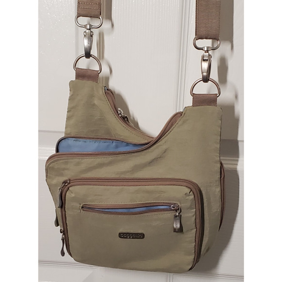 Baggallini Crossbody Travel Bag – Khaki with Blue Interior, Adjustable Strap - Picture 1 of 12